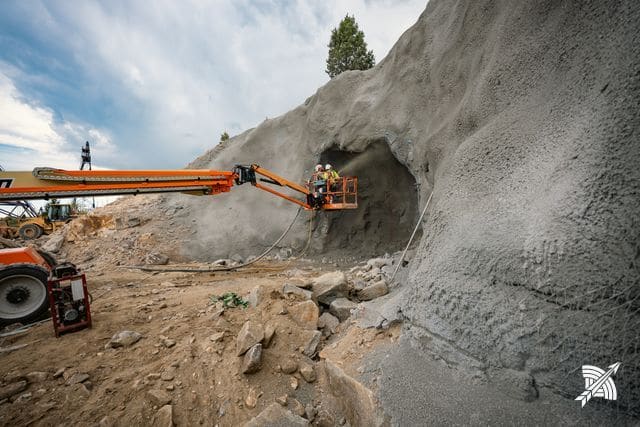 Shotcrete sprayed onto the rock face from a boom lift, dust carrying across the working area